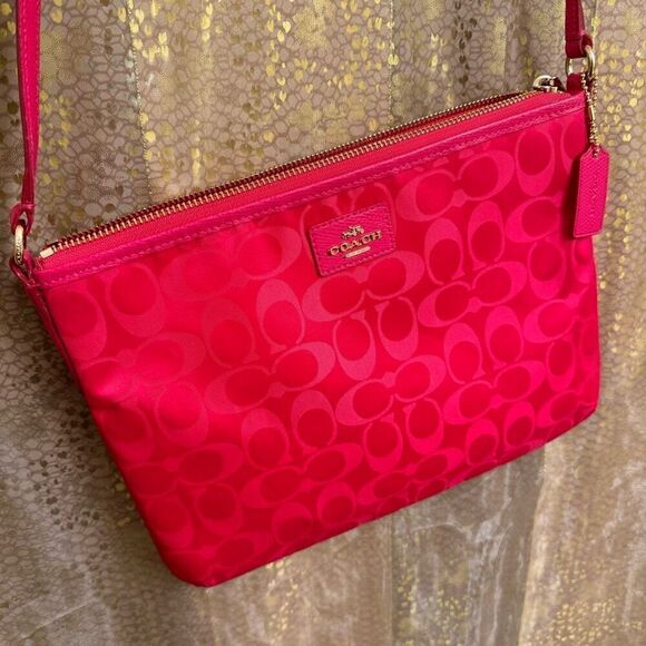 Coach Hot Pink Signature Nylon Crossbody Purse Pink Ruby - Picture 2 of 8